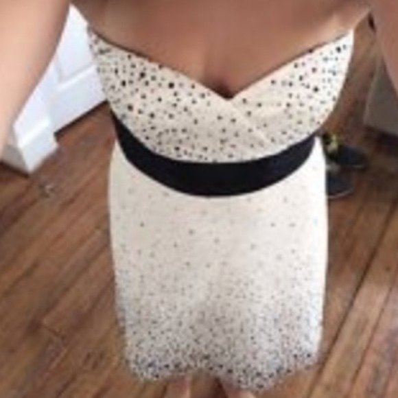 White House Black Market White Chiffon Dress with Black Polka Dots and Sash - Picture 1 of 3